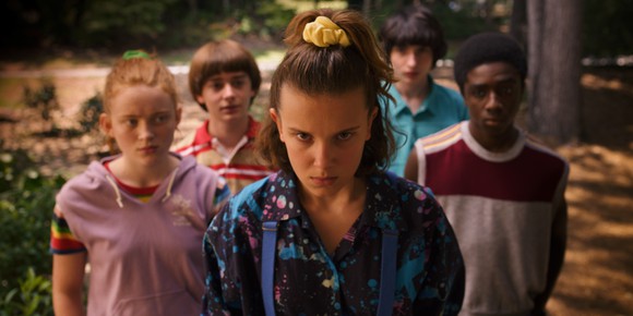 Sadie Sink, Noah Schnapp, Millie Bobby Brown, Finn Wolfhard, Caleb McLaughlin in a scene from Netflix's Stranger Things Season 3.