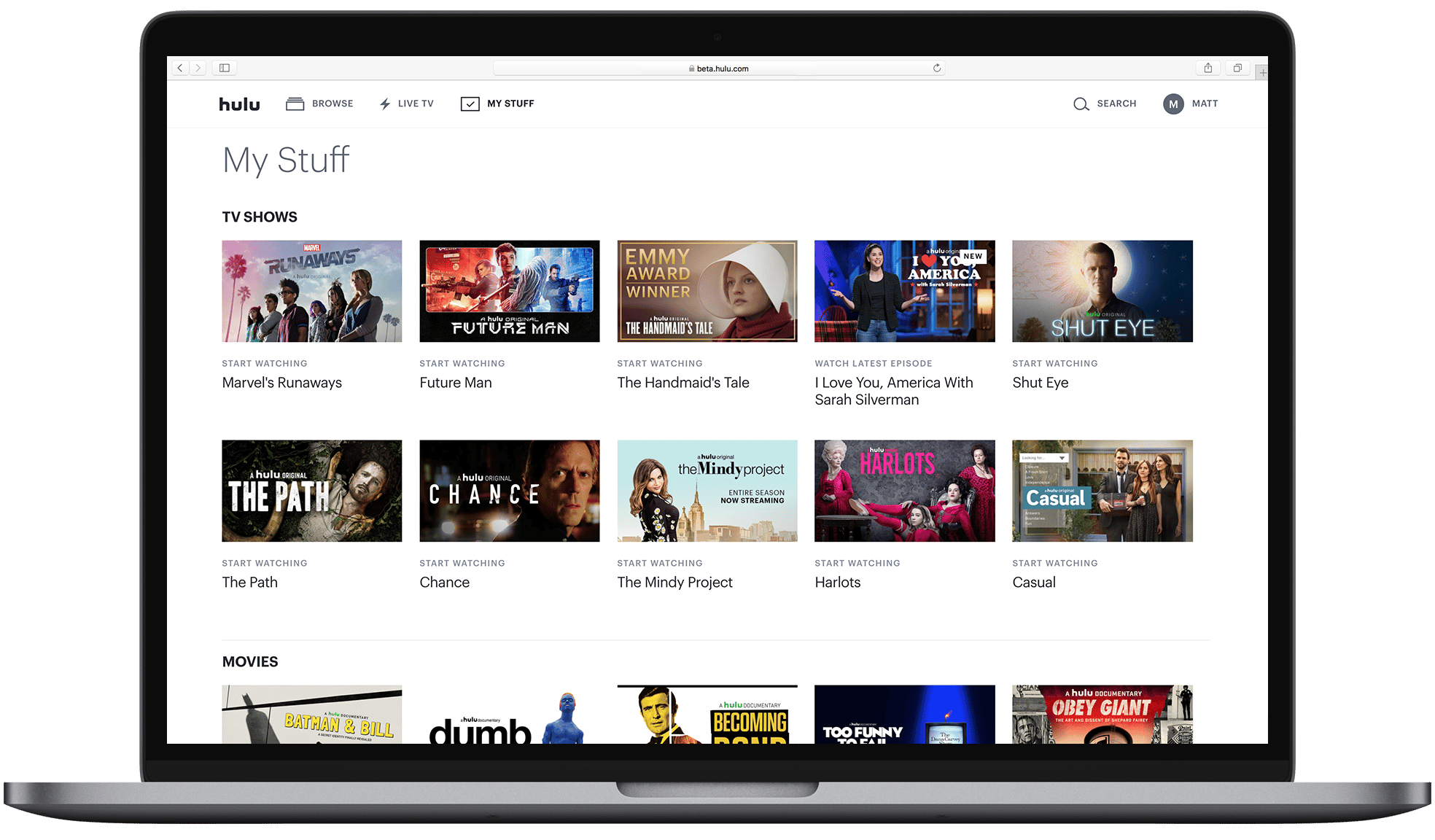 Hulu interface displayed on a laptop