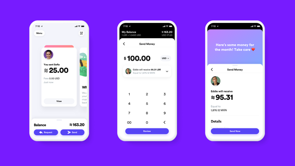 Three mock-ups of the Calibra digital wallet app.