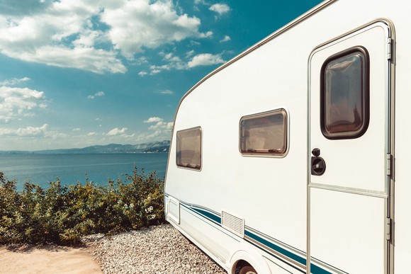 An RV camper parked near the beach under blue skies.