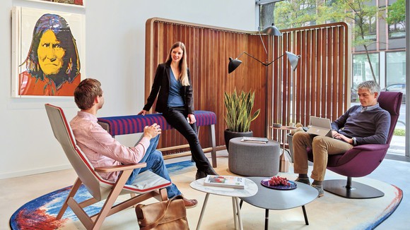 An informal office space outfitted with Steelcase furniture.