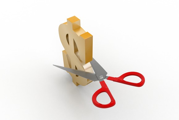 Scissors cutting a dollar sign in half