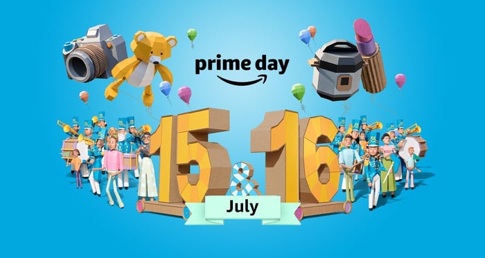 A graphic with a computer-generated band, people, and products announcing Amazon Prime Day on July 15 and 16.