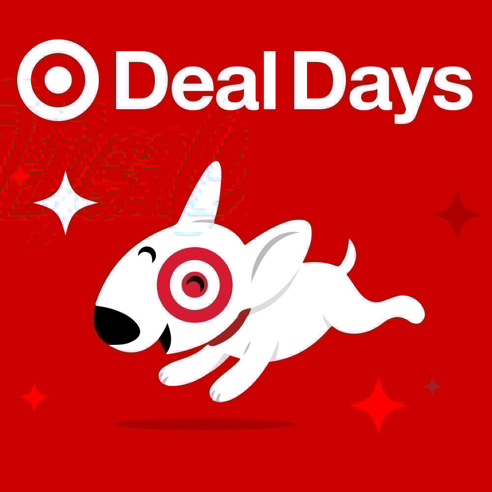 An animated miniature bull terrier with the Target bulls eye logo around its eye running happily, with the caption Deal Days.