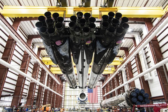 Falcon Heavy rocket in its hangar, pre-launch