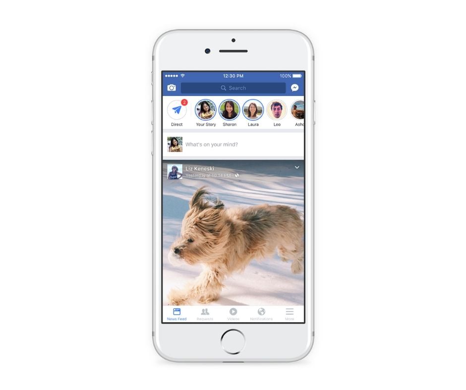 A smartphone displaying the Facebook app with Stories along the top.