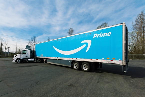 An truck with the Amazon Prime logo against a blue background on the trailer.