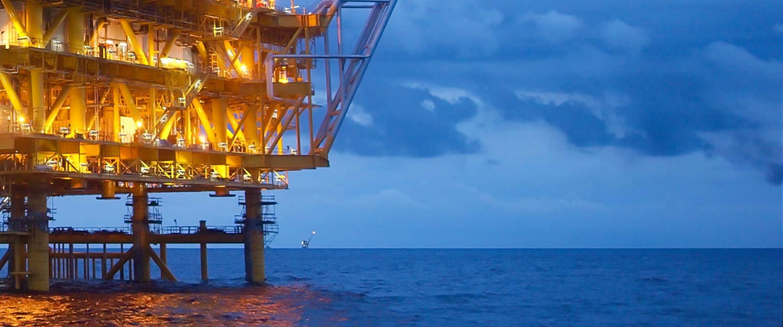 An oil platform lit up