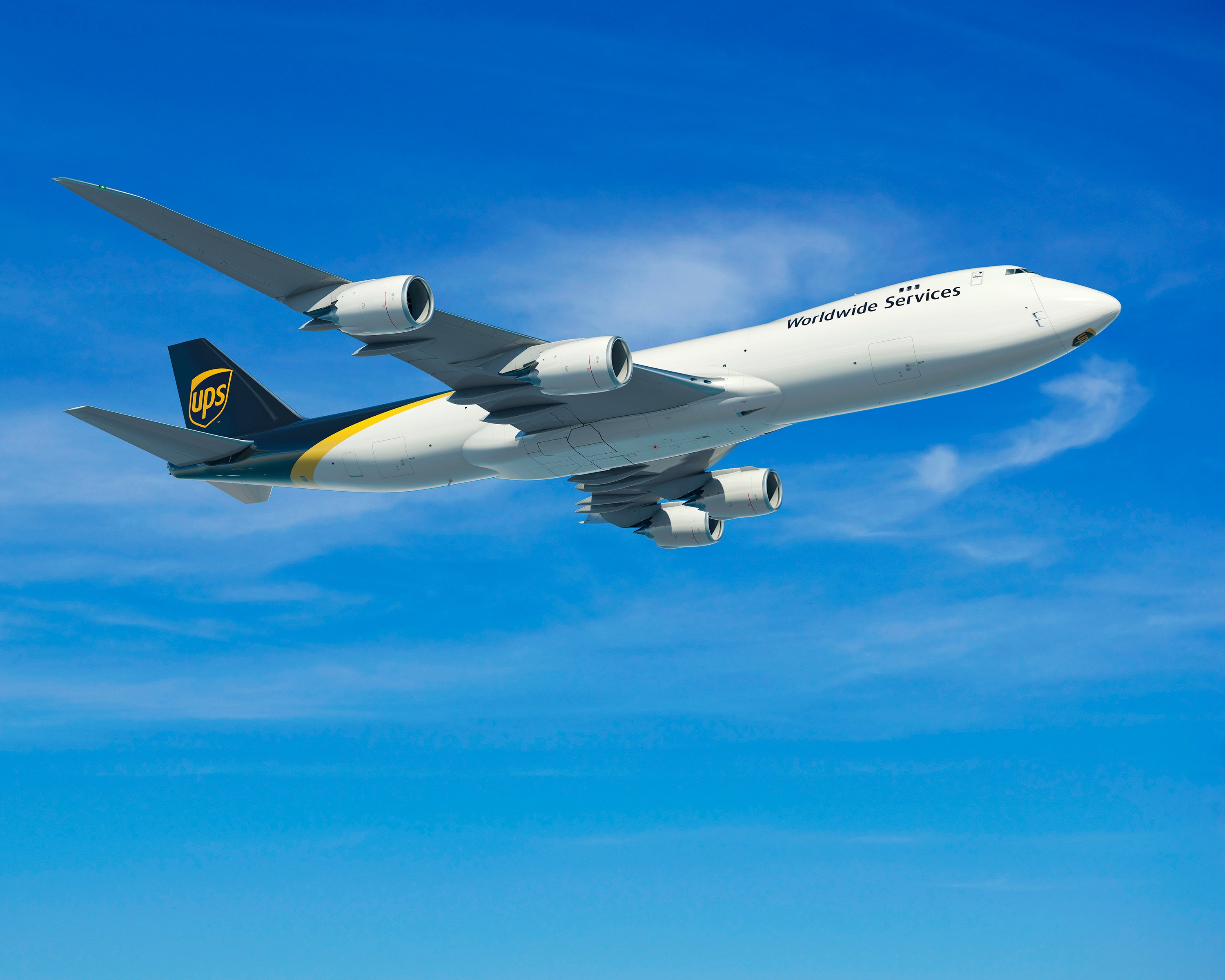 A UPS Boeing 747 cargo plane in flight.