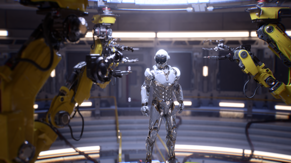 A silver robot standing.