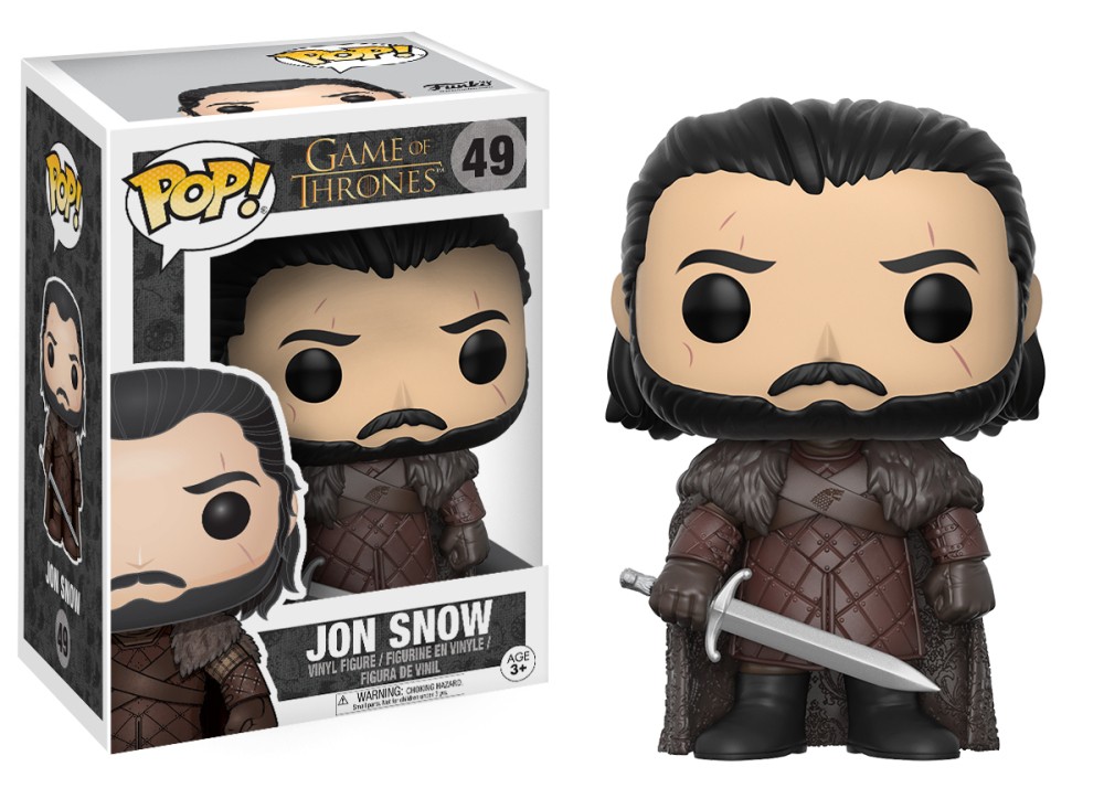 Two versions of a Jon Snow Game of Thrones Funko Pop vinyl figurine, boxed and unboxed.