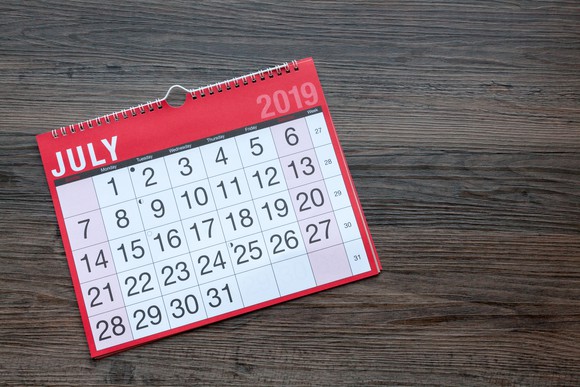 A red calendar, lying on top of a wooden table top, turned to the month of July.