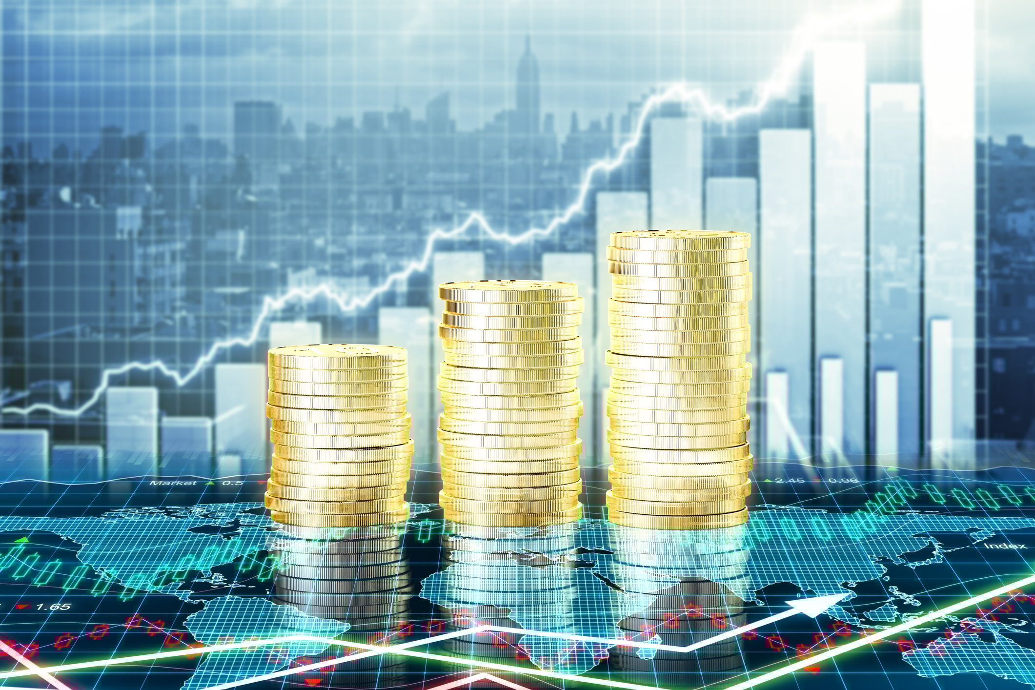 Stacks of gold coins in front of a rising financial chart.