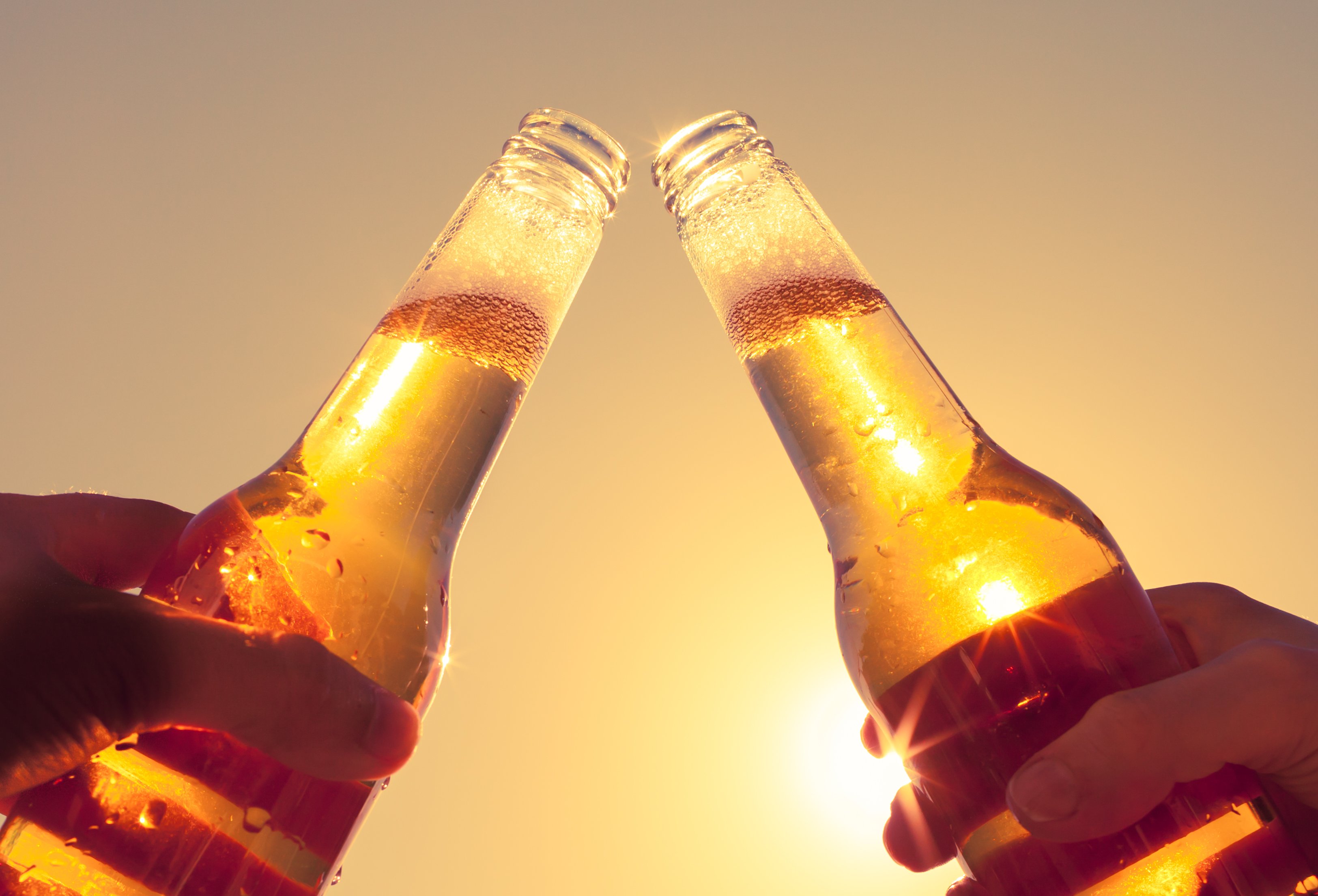 Two people tapping beer bottles together.