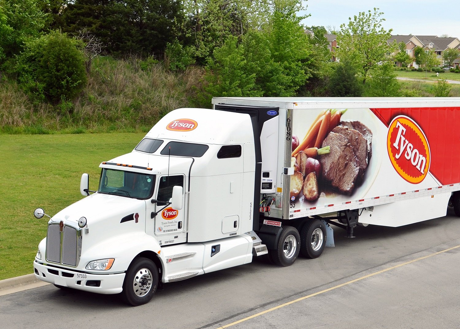 Tyson foods semi tractor with prepared beef and vegetable meal on the trailer.