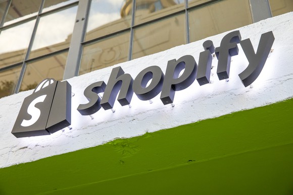 The Shopify logo on the company's headquarters building. 