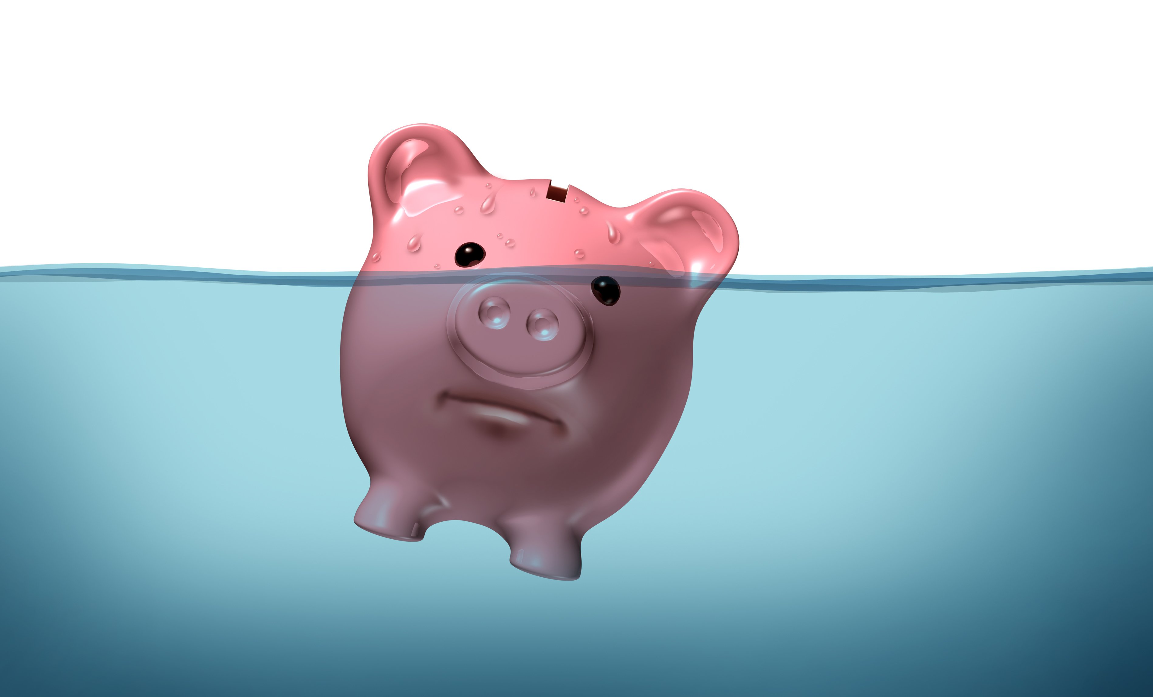 A piggy bank is shown, half submerged in water and with an unhappy expression.