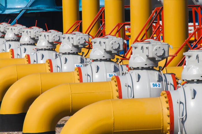 oil and gas pipes in a manifold.