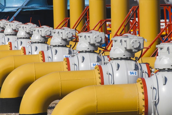 oil and gas pipes in a manifold.