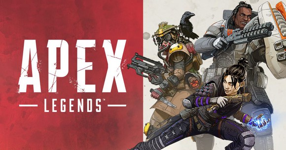 A poster from EA's Apex Legends, displaying three characters wearing armor and holding futuristic weapons.