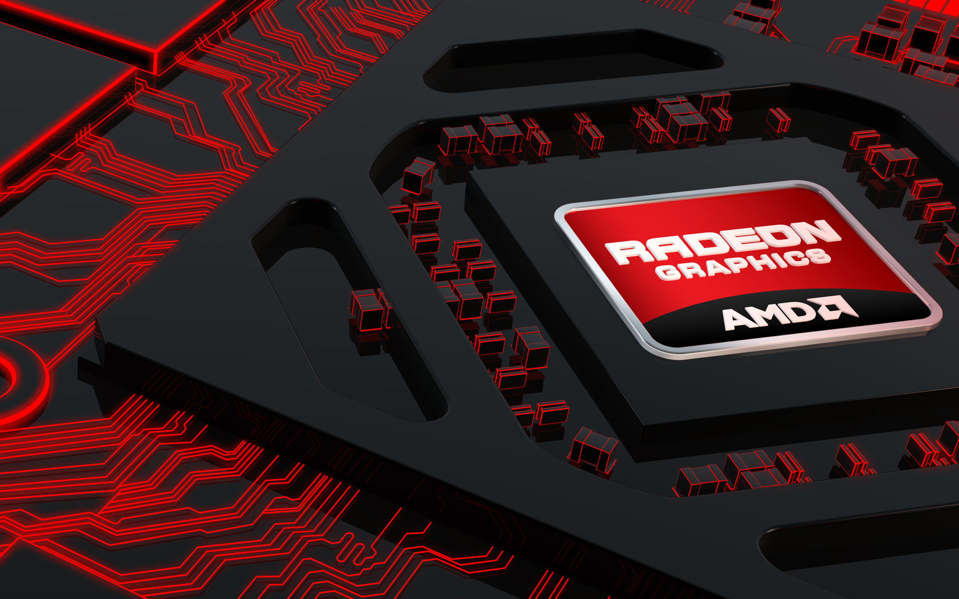Digital rendering of an AMD Radeon logo on a chip surrounded by red traces on a black PCB.