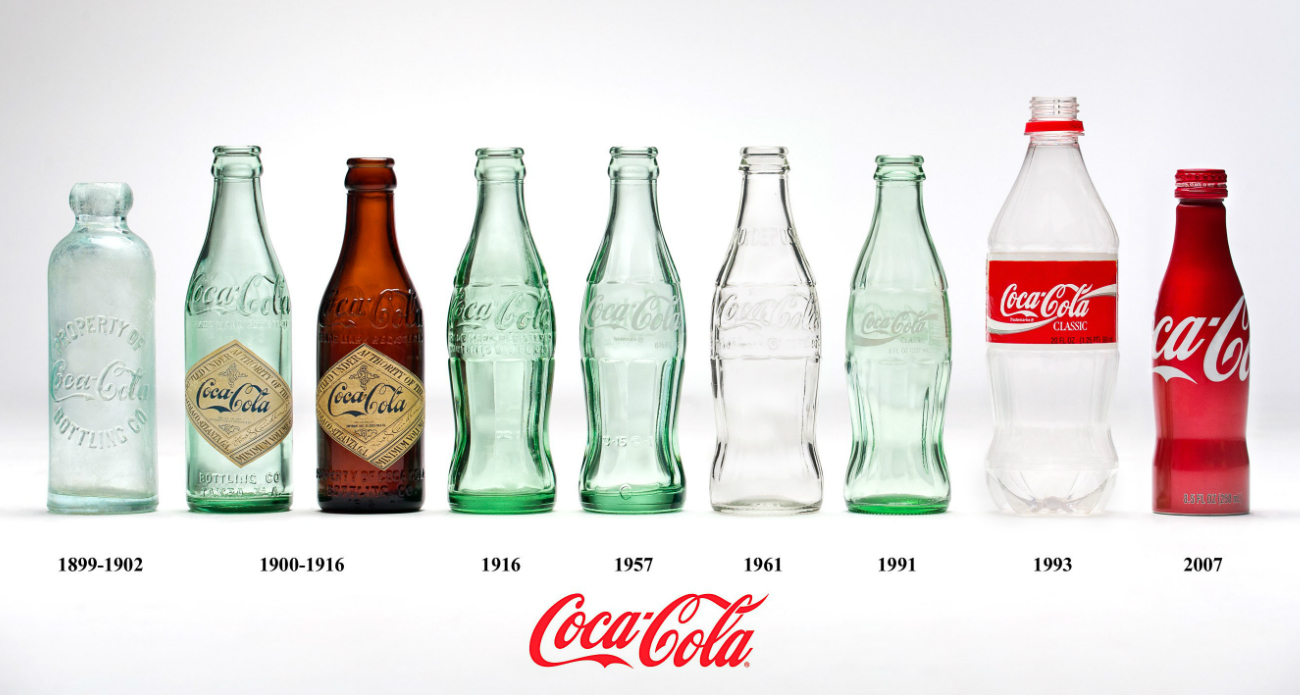 A lineup of nine Coca-Cola bottles, from 1899 to 2007.