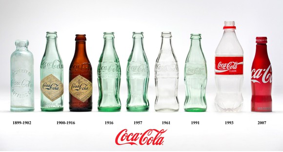 A lineup of nine Coca-Cola bottles, from 1899 to 2007.