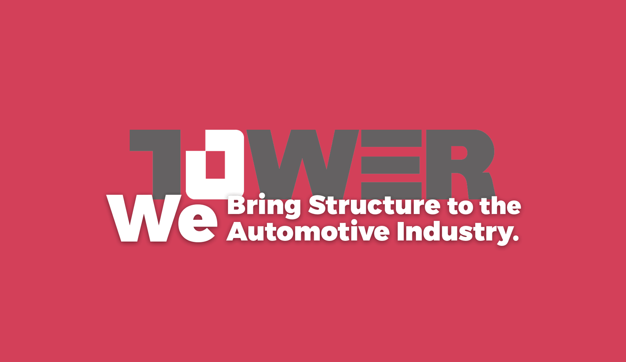 Tower logo and slogan on a red background.