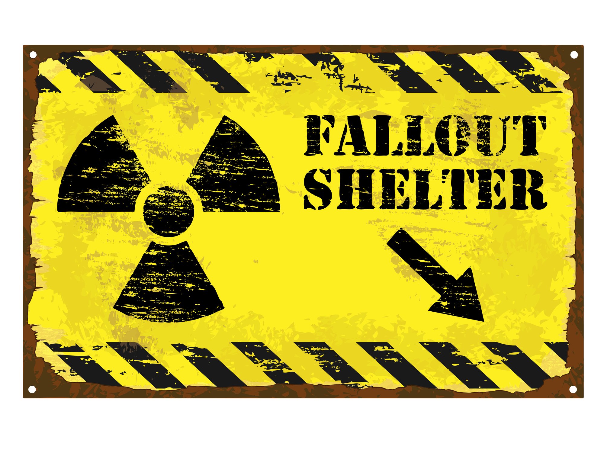 Fallout shelter sign with radioactive symbol.
