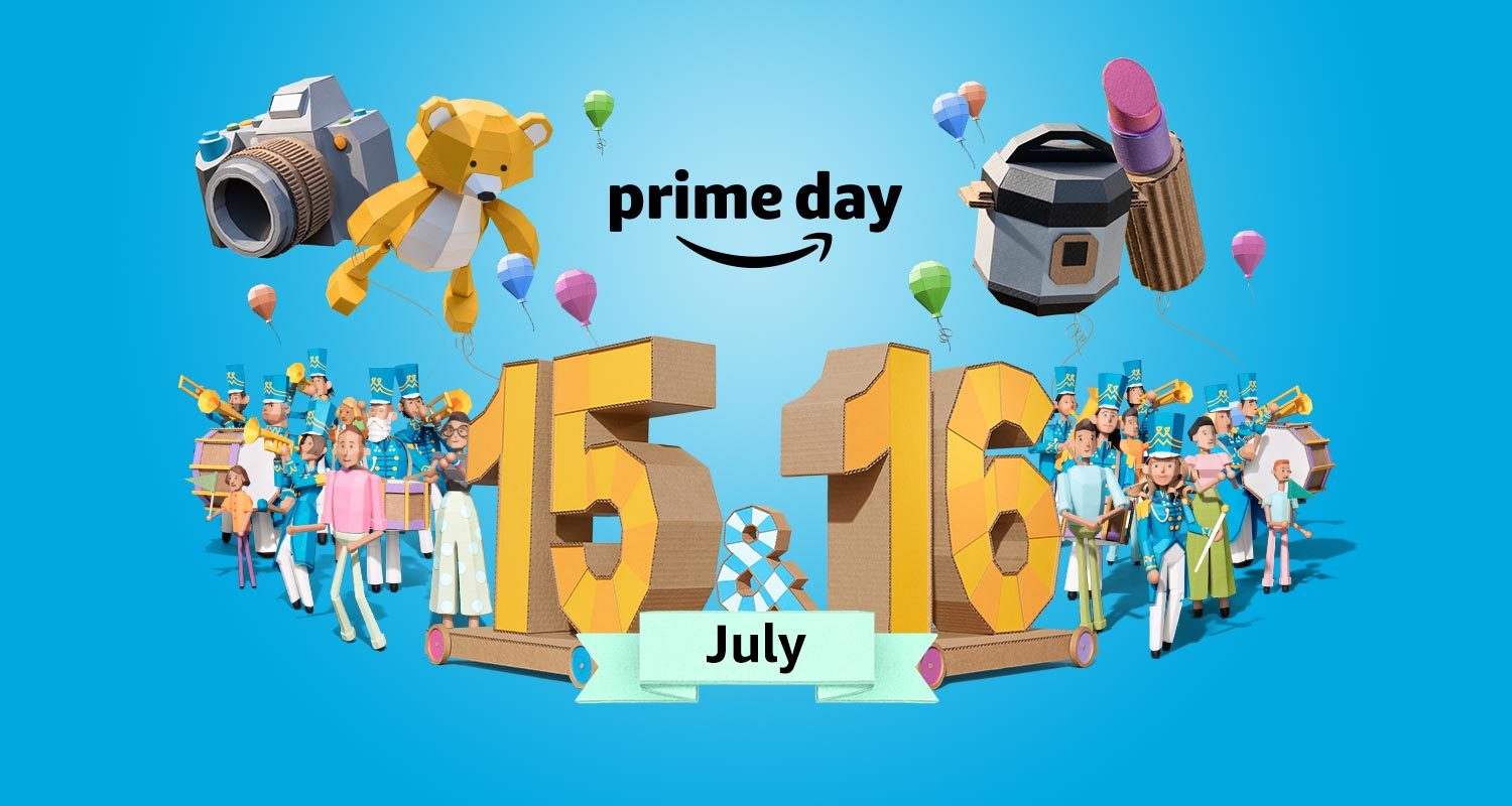 The caption Prime Day July 15 and 16 surrounded by boxy animated images of a marching band, people, and balloons, and a variety of sales items, including a camera, teddy bear, crock pot, and lipstick.