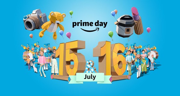 The caption Prime Day July 15 and 16 surrounded by boxy animated images of a marching band, people, and balloons, and a variety of sales items, including a camera, teddy bear, crock pot, and lipstick.