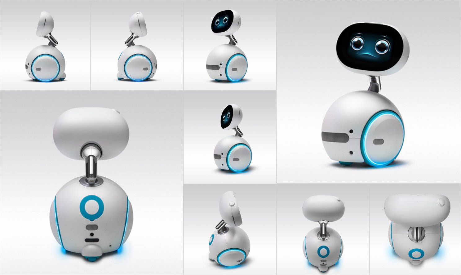 Asus' Zenbo, an oval monitor displaying a face, connected to a spherical body..
