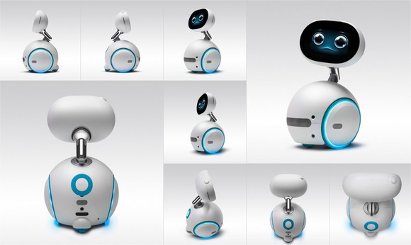 Asus' Zenbo, an oval monitor displaying a face, connected to a spherical body..