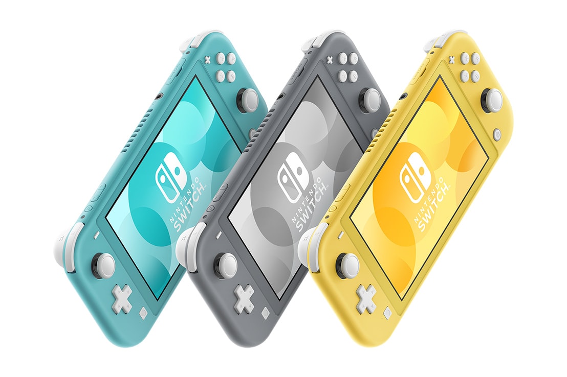 The Nintendo Switch Lite shown in three colors: blue, grey, and yellow.