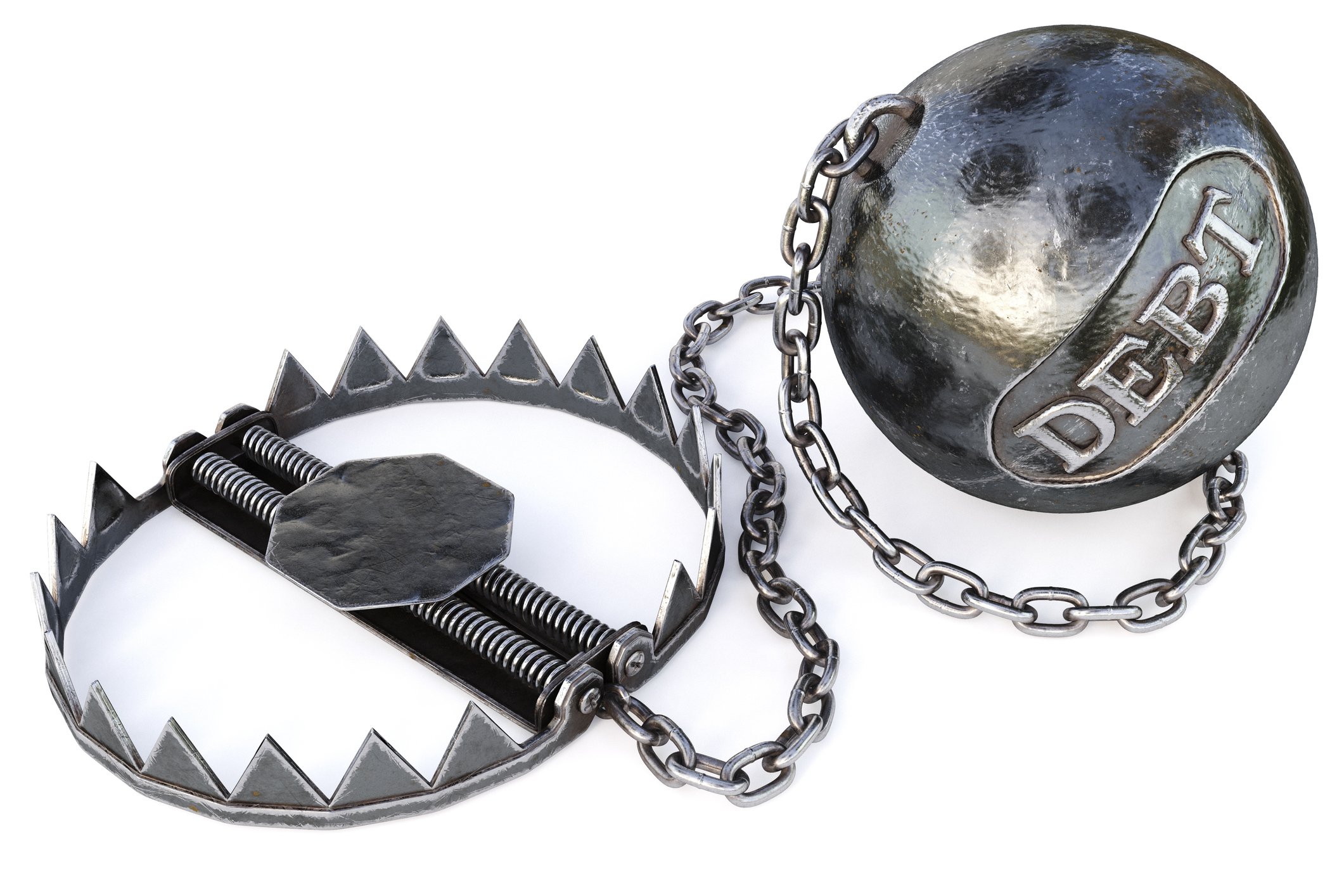 A debt ball attached to a bear trap. 