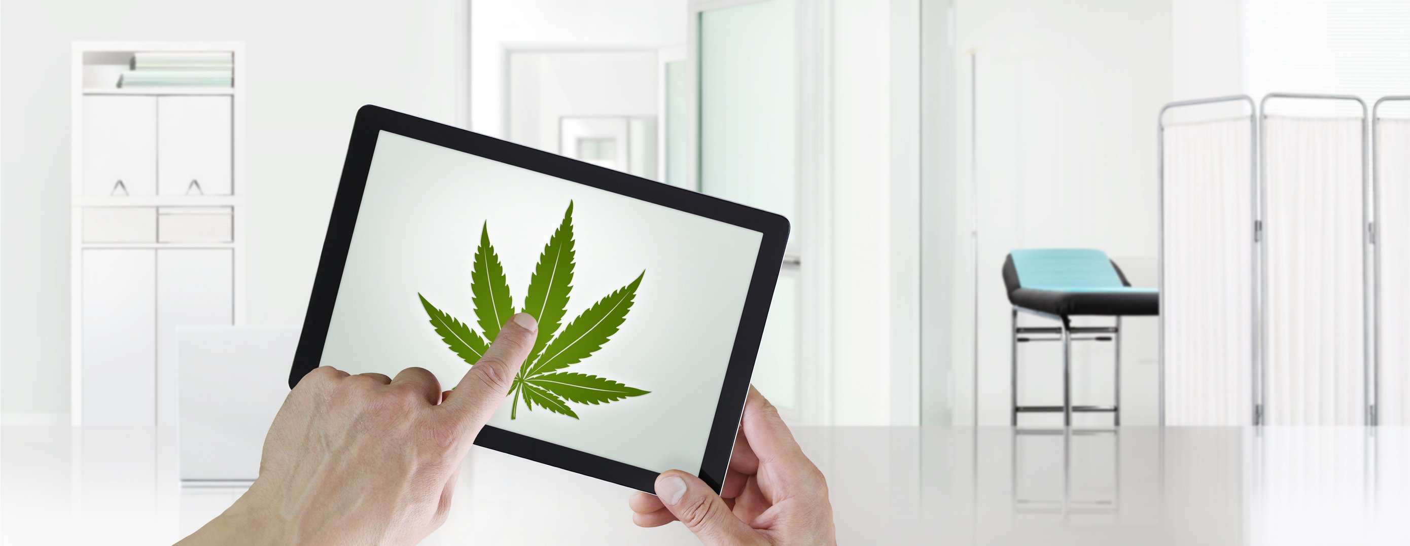 Touchscreen tablet with a picture of a cannabis leaf