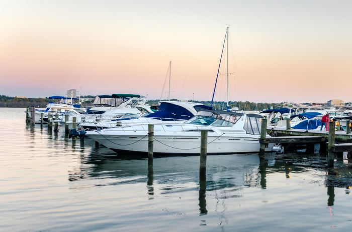 Boats lined up in a marina