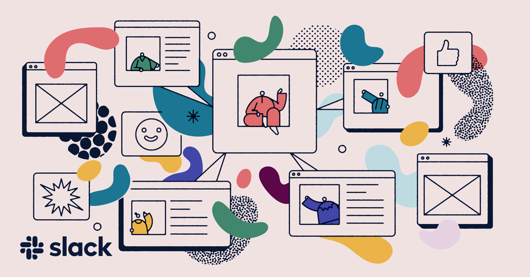 Graphics of Slack features available in its collaborative tools.