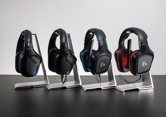 Four Logitech headsets.