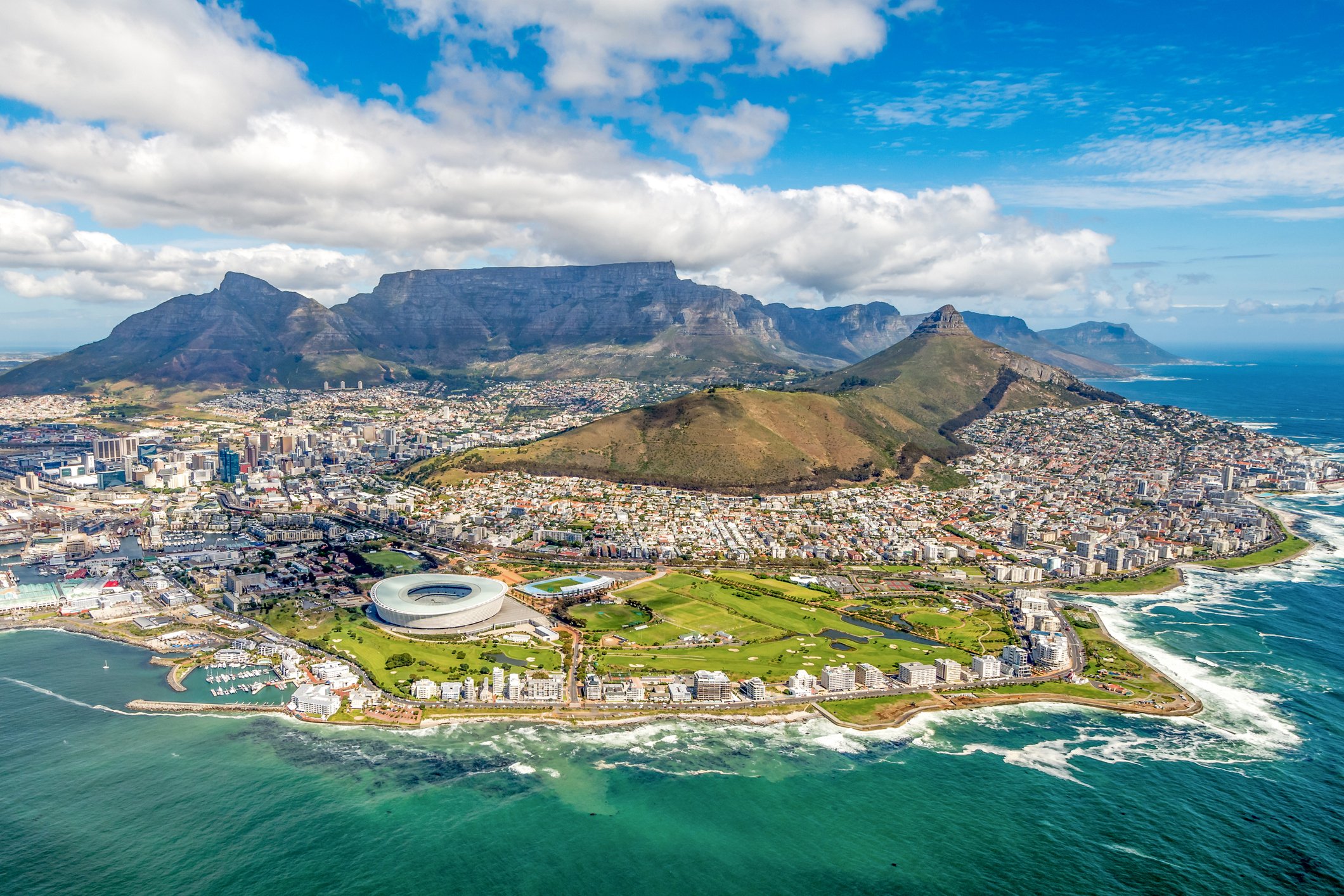 An aerial view of the coastline of Johannesburg, South Africa.