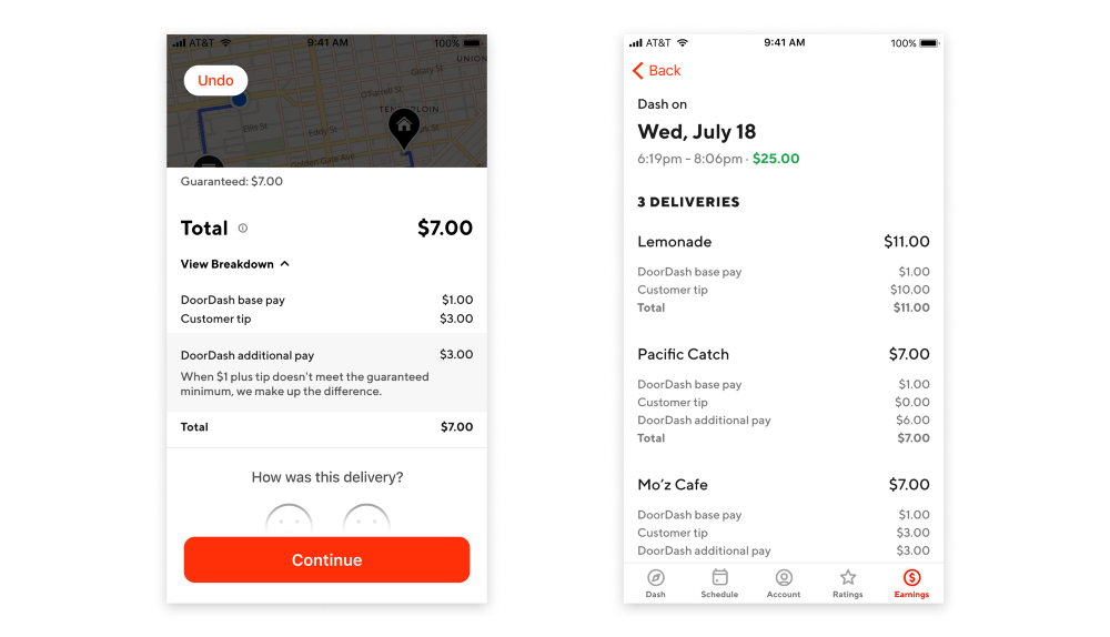 The old (L) and new (R) breakdowns of a DoorDash courier's pay.
