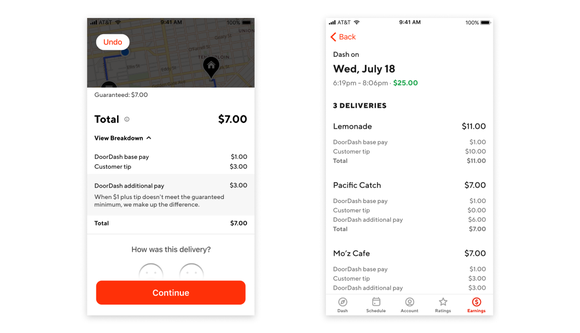 The old (L) and new (R) breakdowns of a DoorDash courier's pay.