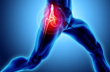 body in running position with pelvis illuminated