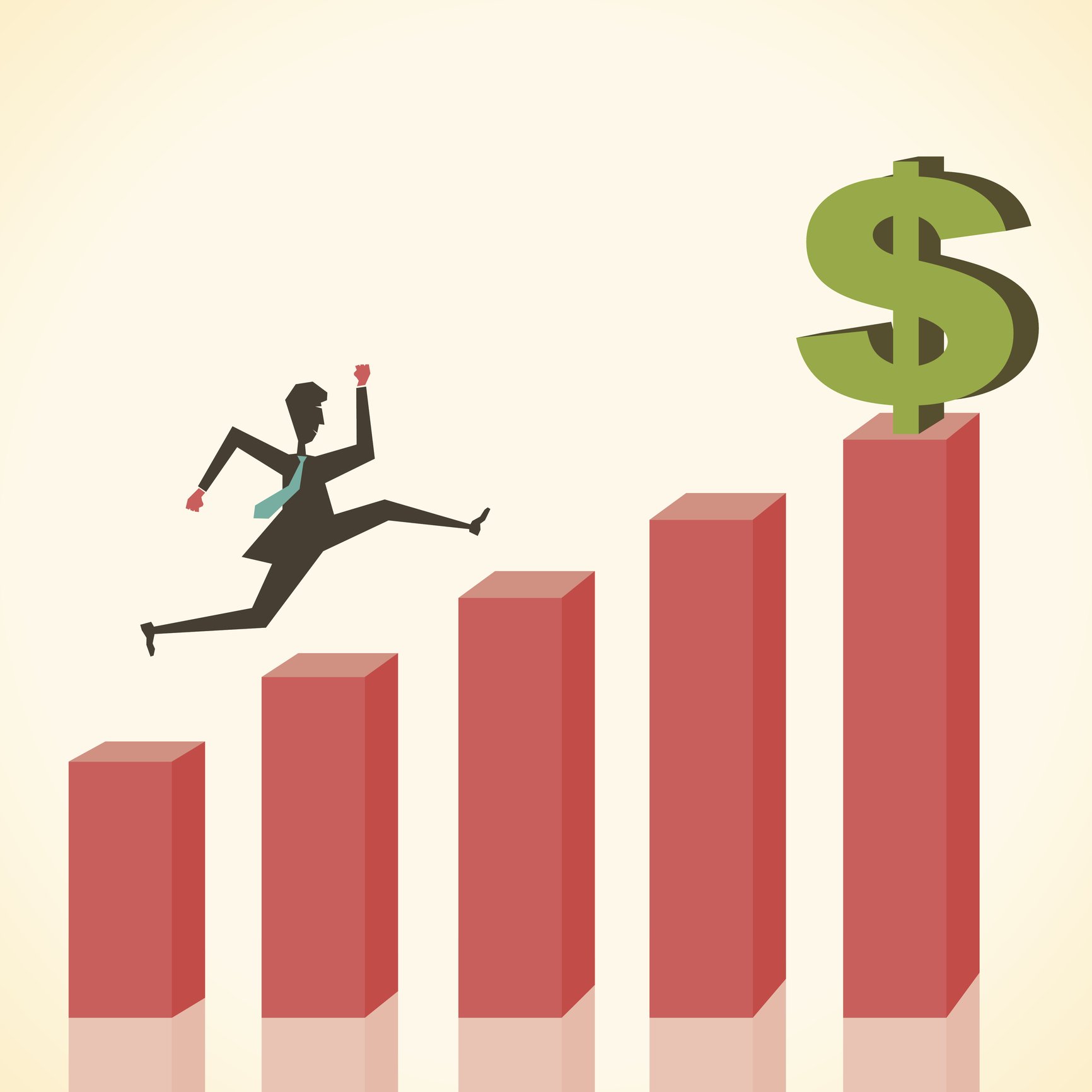 A man leaps up a rising bar chart with a dollar sign on the final bar