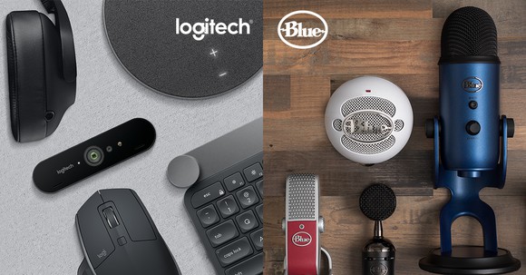 A split screen with a Logitech keyboard, mouse, and other products on one side and Blue Microphone products on the other.