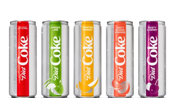 Flavored diet coke brand cans lined up next to each other. 