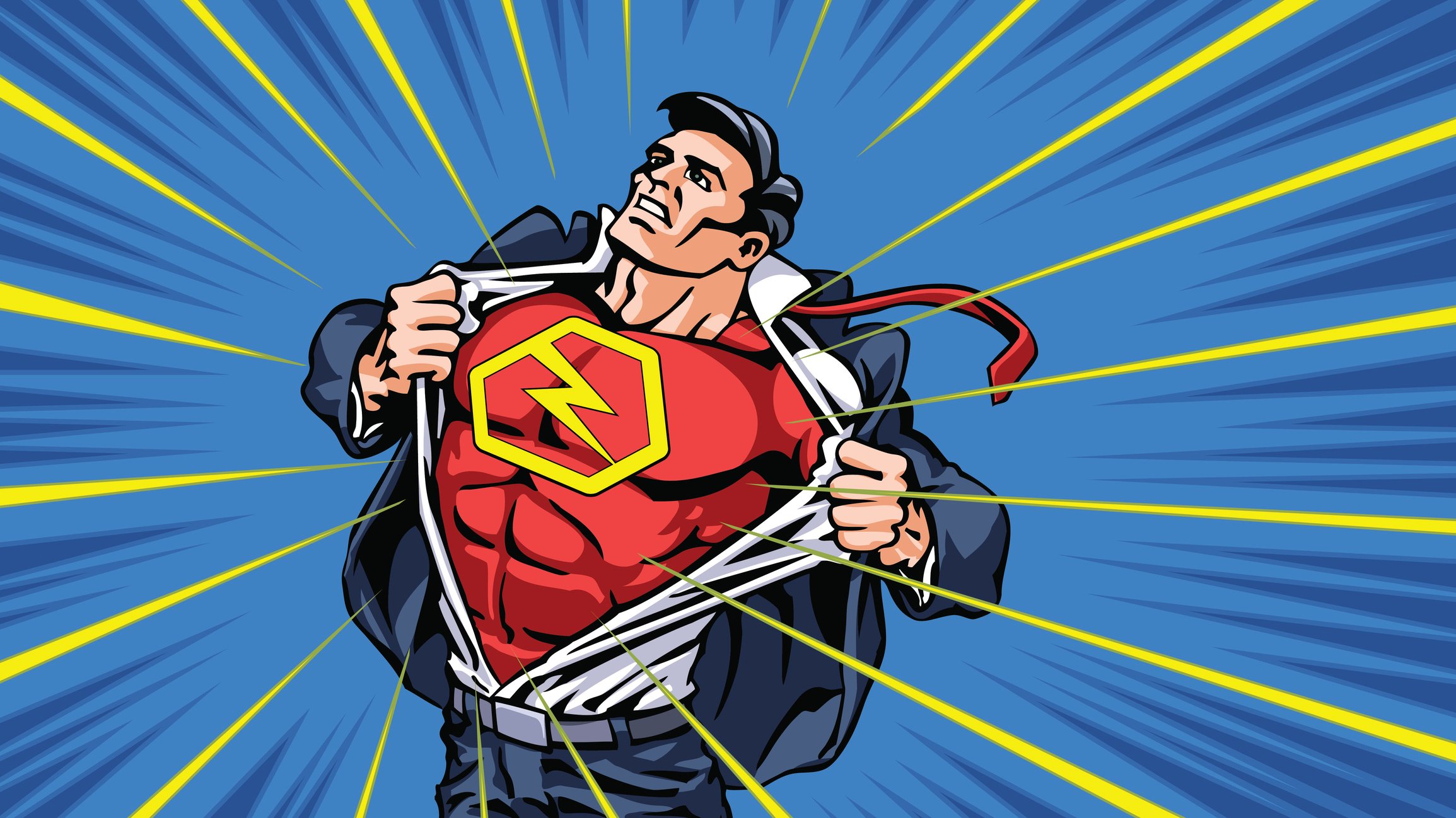 A comic-style illustration of a man tearing off his citizen suit and revealing a red superhero suit underneath with a yellow lightning bolt on his chest.