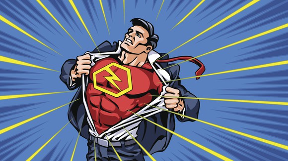 A comic-style illustration of a man tearing off his citizen suit and revealing a red superhero suit underneath with a yellow lightning bolt on his chest.