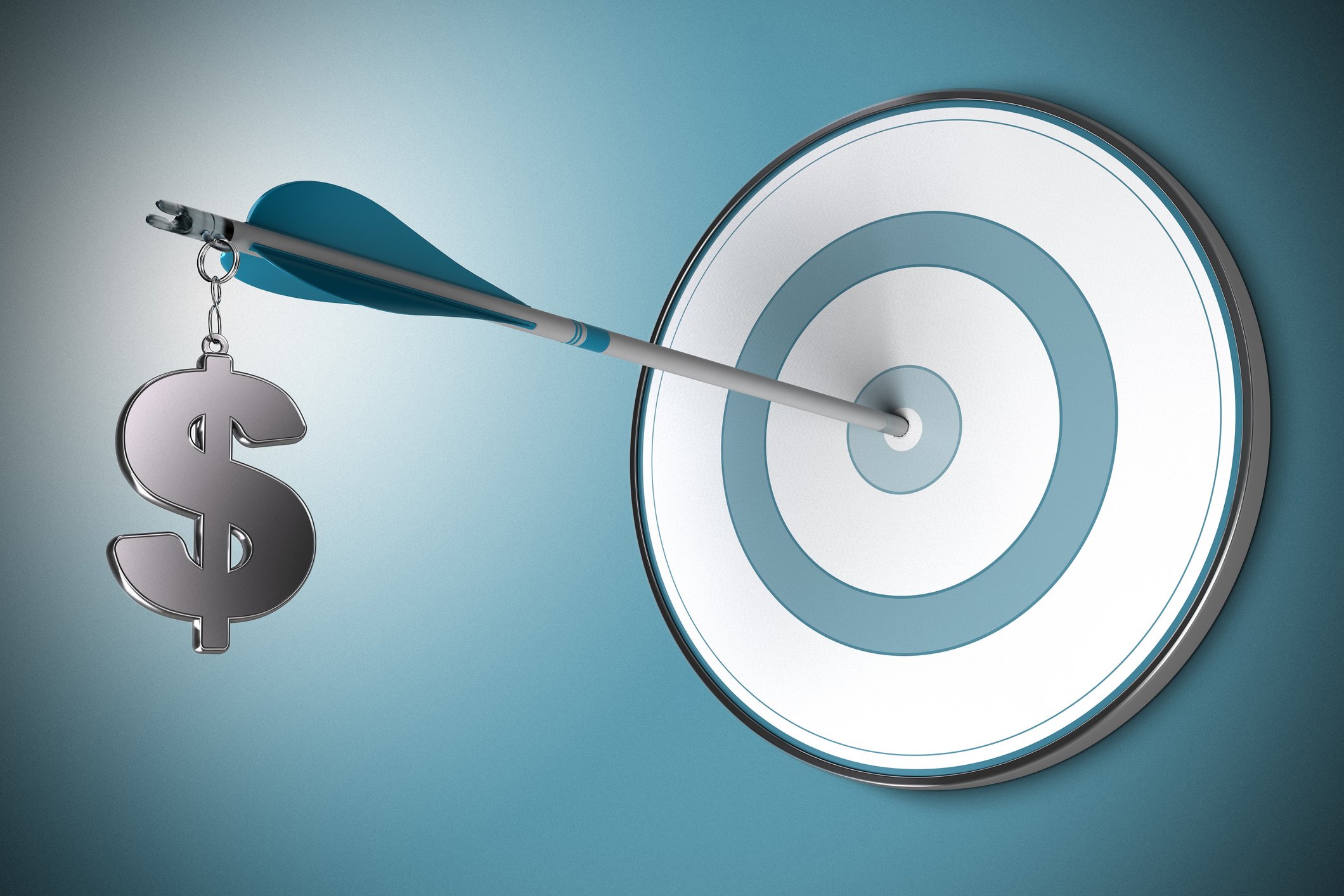 Arrow with dollar sign hanging from end stuck in bull's-eye on target