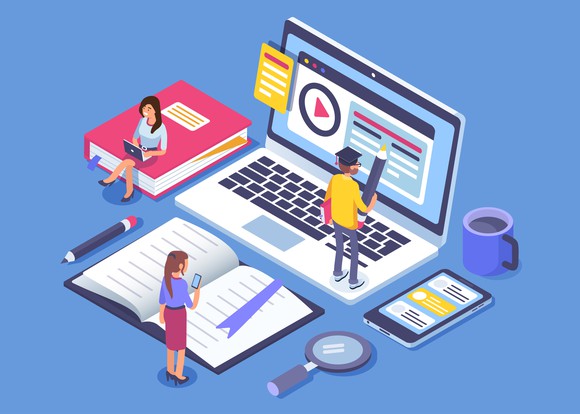 Cartoon of students standing on books and computers